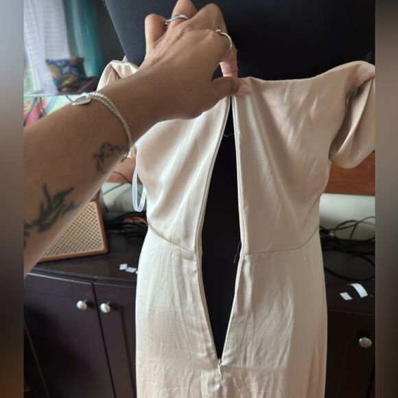 OFF-THE-SHOULDER FLOUNCE SLEEVE EMPIRE WAIST GOWN WITH FRONT SLIT IN CHAMPAGNE - Picture 9 of 16